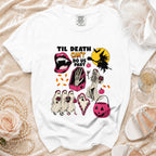 White t-shirt with Halloween graphics: "Til Death Can't Do Us Part" text, vampire lips, skeleton bride, ghosts, and pumpkin.