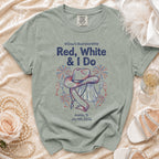 "Red, White & I Do" bachelorette t-shirt with hat and fireworks.