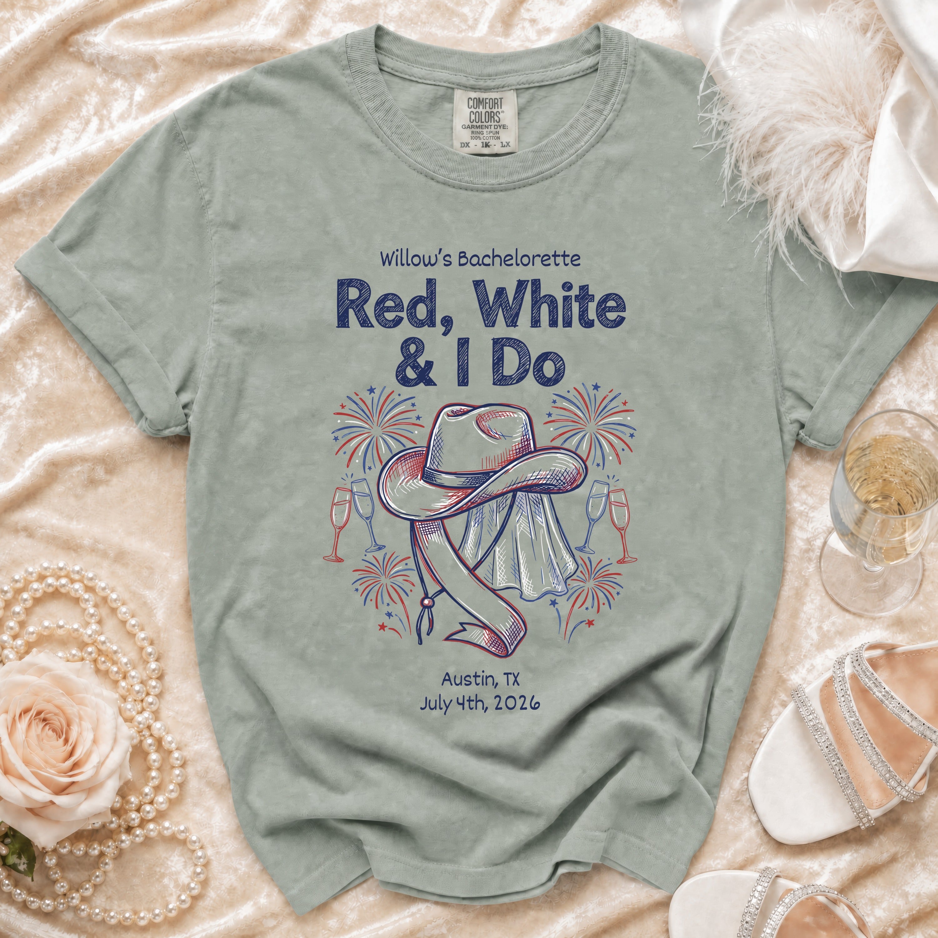 "Red, White & I Do" bachelorette t-shirt with hat and fireworks.