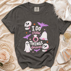 Dark grey t-shirt with "I DO crew THINGS forever" text and spooky graphics.