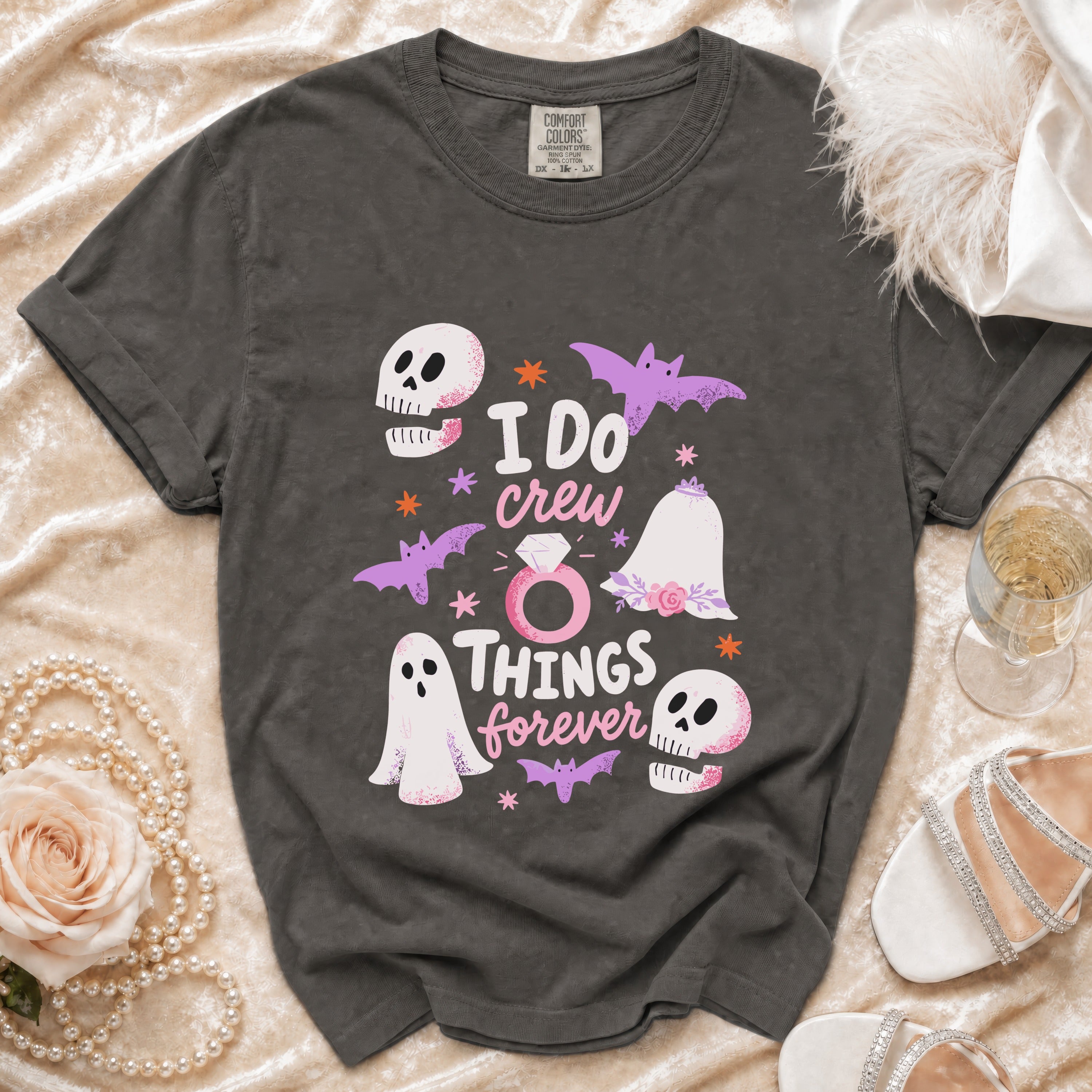 Dark grey t-shirt with "I DO crew THINGS forever" text and spooky graphics.
