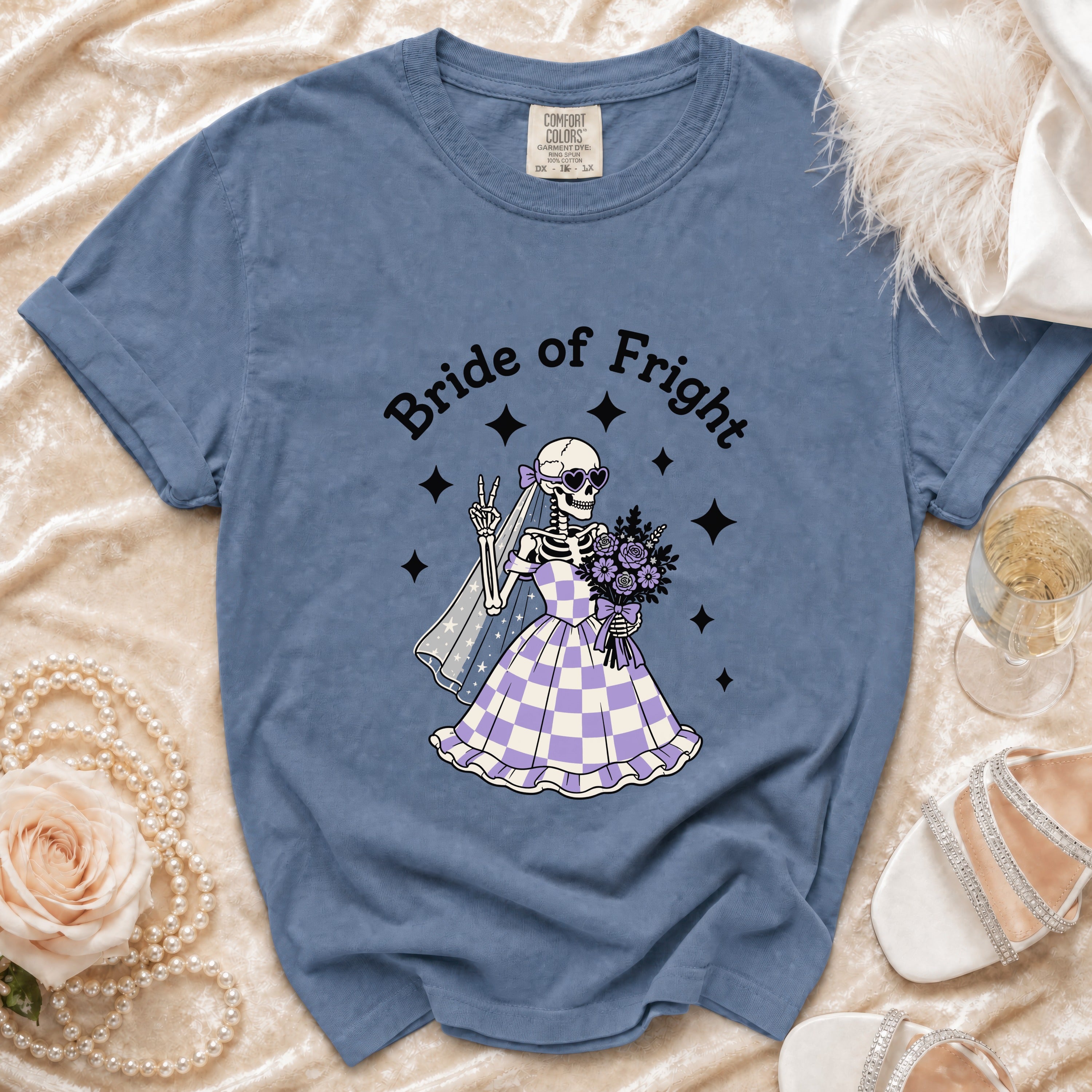 Blue t-shirt with "Bride of Fright" graphic of a skeleton bride.