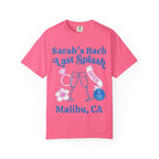 Pink t-shirt with "Sarah's Bach Last Splash BRIDE" and Malibu graphic.