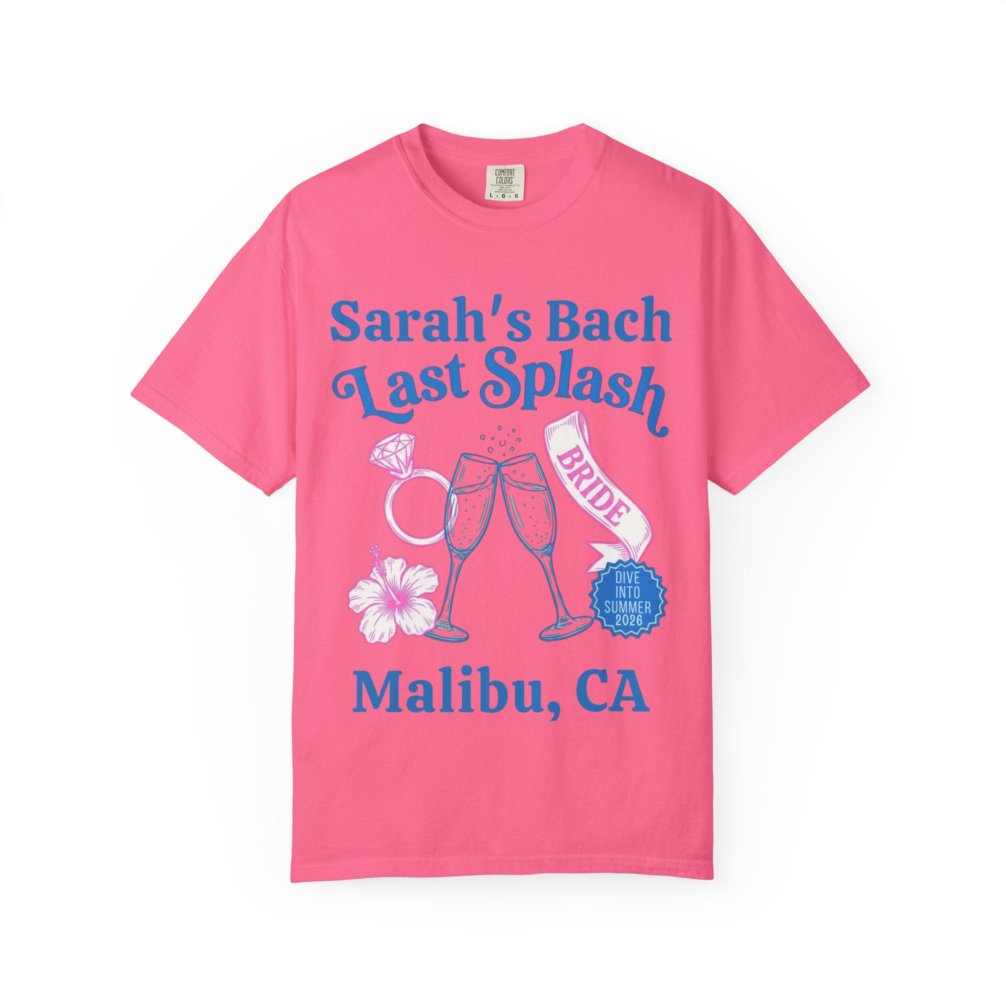 Pink t-shirt with "Sarah's Bach Last Splash BRIDE" and Malibu graphic.