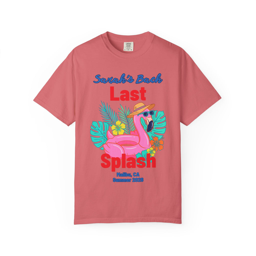 Coral t-shirt with "Sarah's Bach Last Splash" text and flamingo graphic.