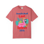 Coral t-shirt with "Sarah's Bach Last Splash" text and flamingo graphic.