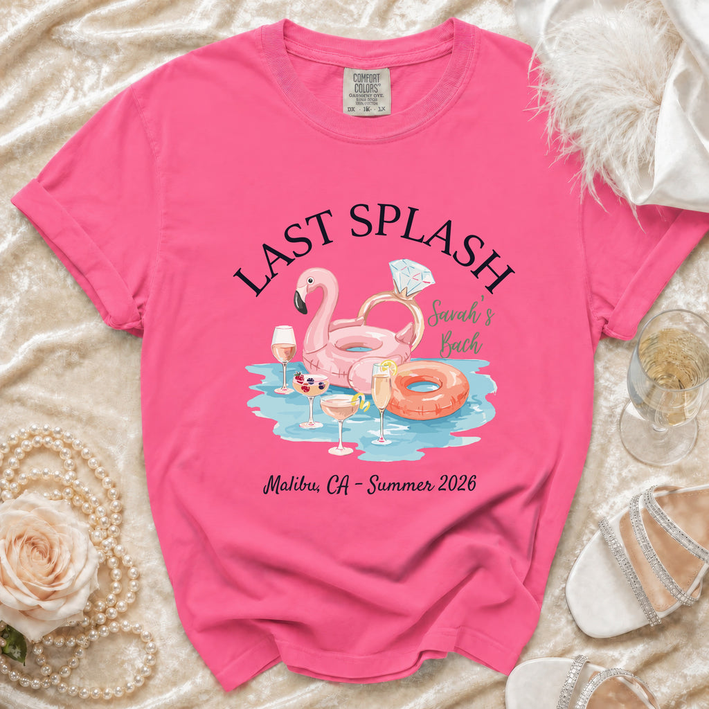 Pink t-shirt with "Last Splash Sarah's Bach" design, Malibu, CA, Summer 2026.