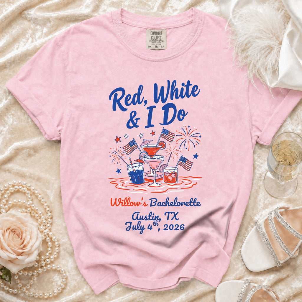 Pink t-shirt with "Red, White & I Do" and bachelorette details.