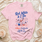Pink t-shirt with "Red, White & I Do" and bachelorette details.