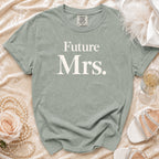 Sage green t-shirt with "Future Mrs." text, pearls, rose, and champagne.