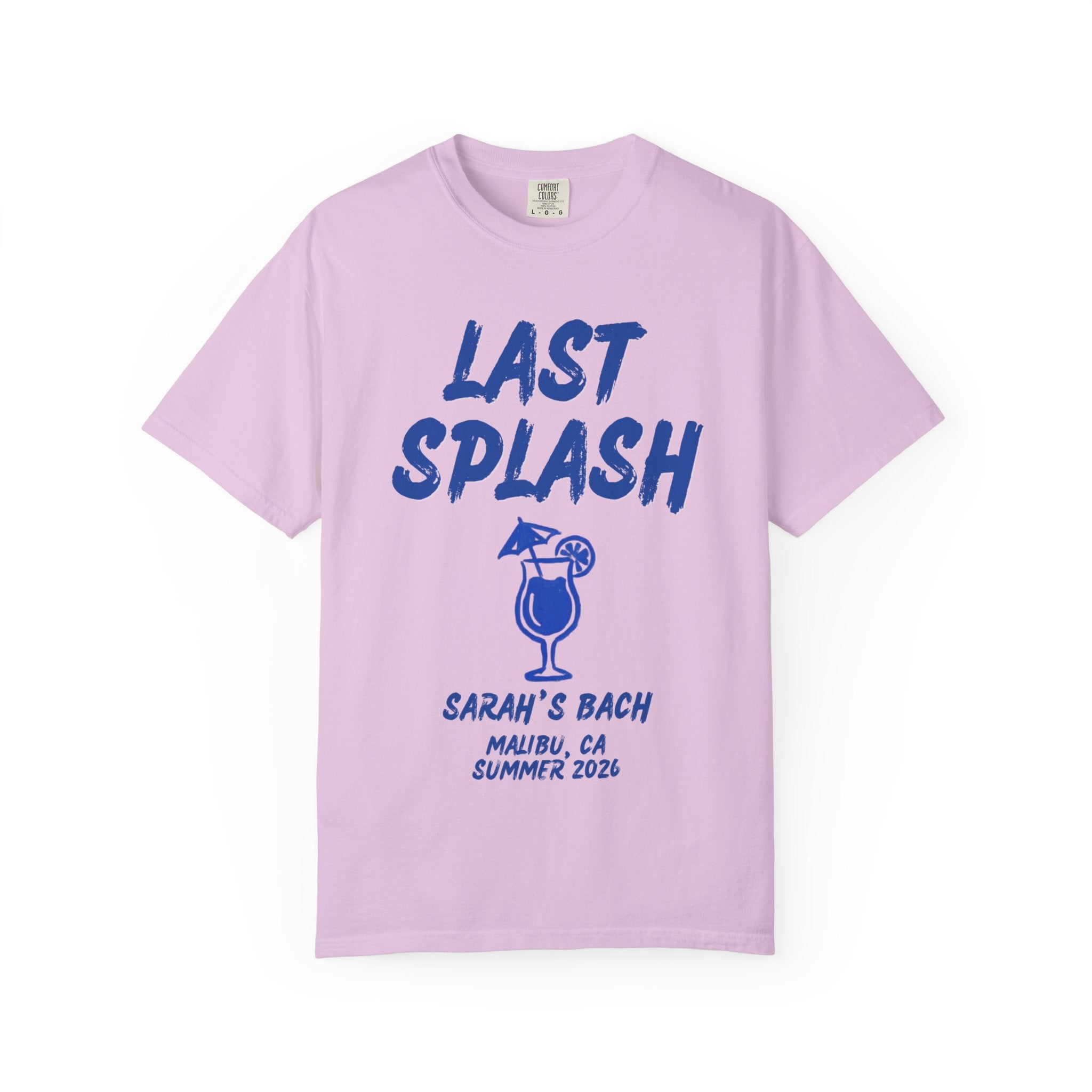 Light pink t-shirt with "LAST SPLASH" and beach cocktail design.