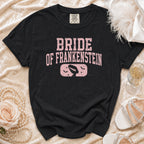 Black t-shirt with "Bride of Frankenstein" text and silhouette graphic.