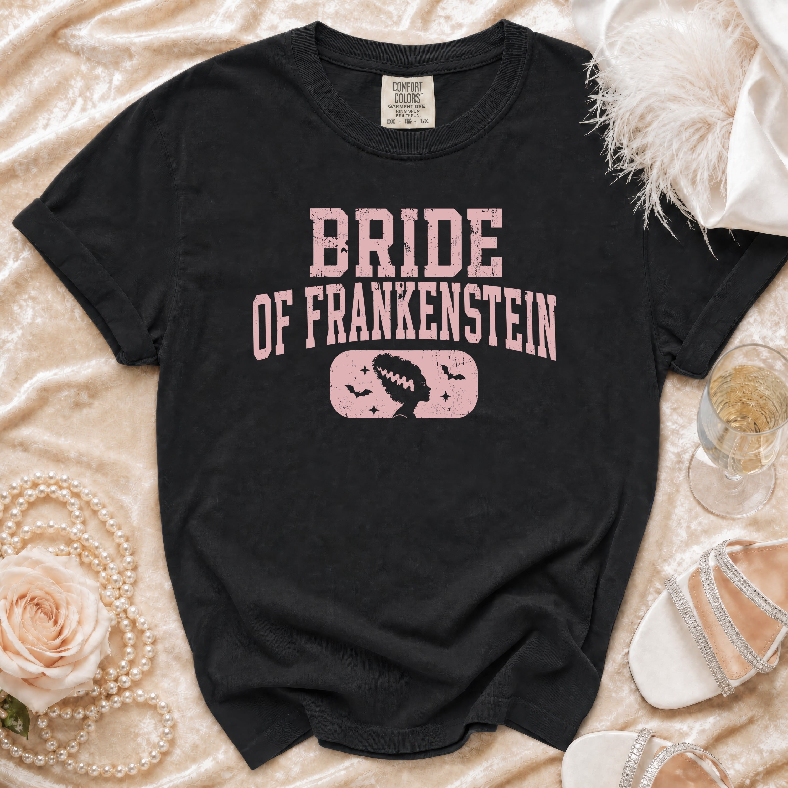 Black t-shirt with "Bride of Frankenstein" text and silhouette graphic.