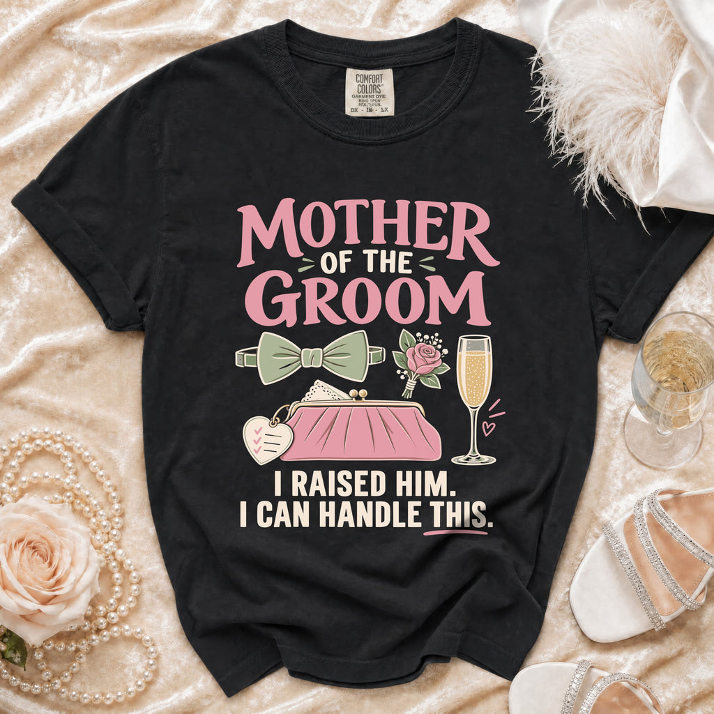Black t-shirt with "Mother of the Groom" text and wedding graphics.