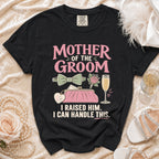 Black t-shirt with "Mother of the Groom" text and wedding graphics.