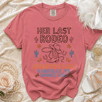 Rose pink t-shirt with "Her Last Rodeo Nashville TN Summer 2026" graphic.