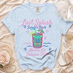 Light blue t-shirt with "Last Splash Sarah's Bach Malibu, Ca Summer 2020" text and tiki design.