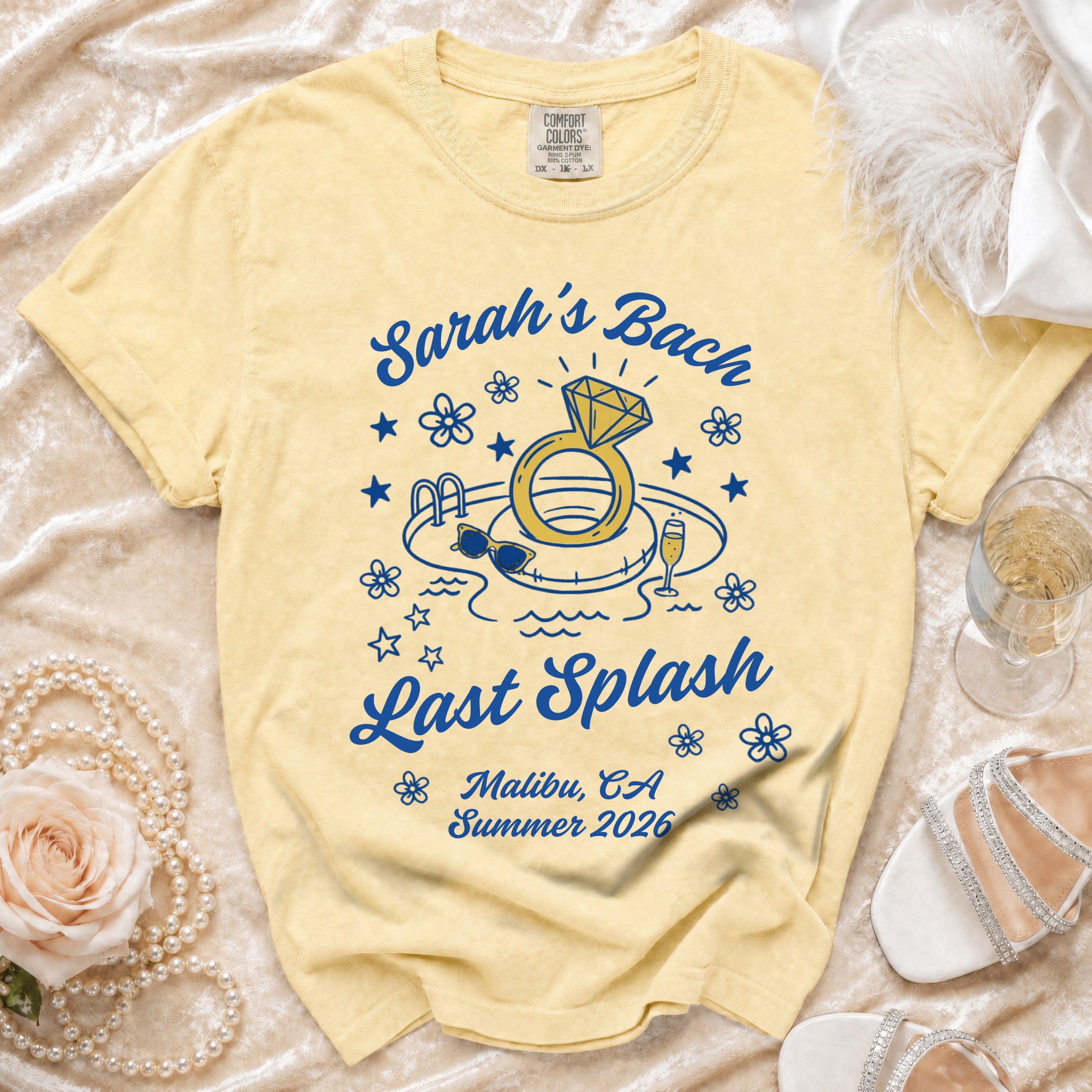 Yellow t-shirt with "Sarah's Bach Last Splash Malibu, CA Summer 2026" text.