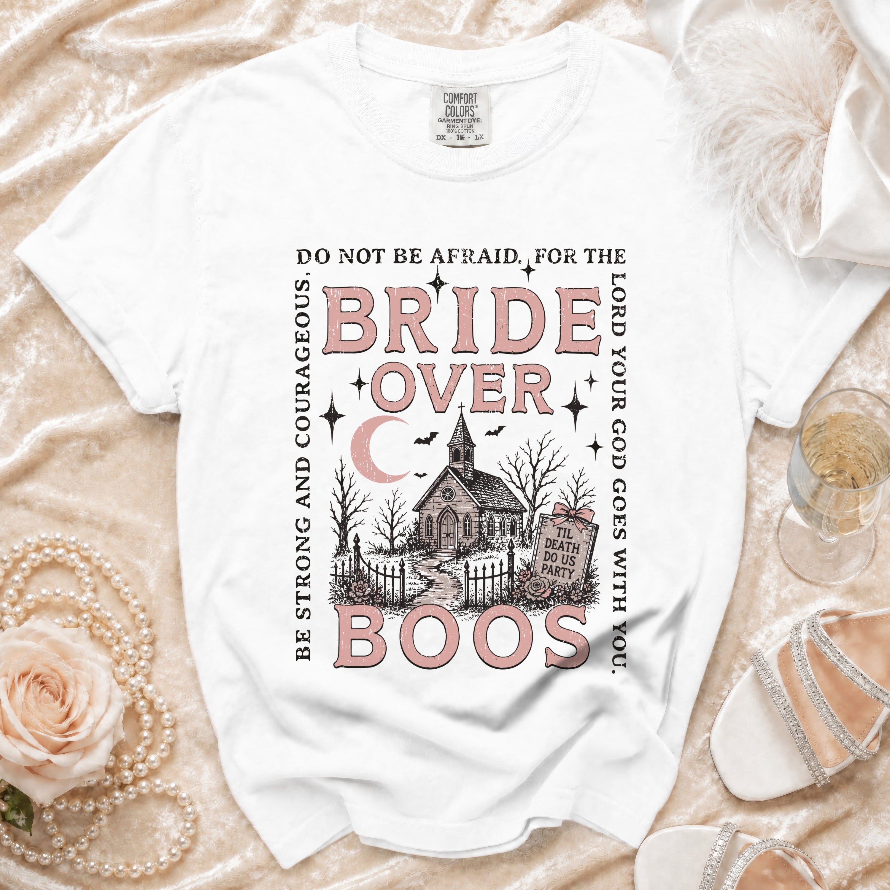 White t-shirt with "Bride Over Boos" Halloween design and biblical text.