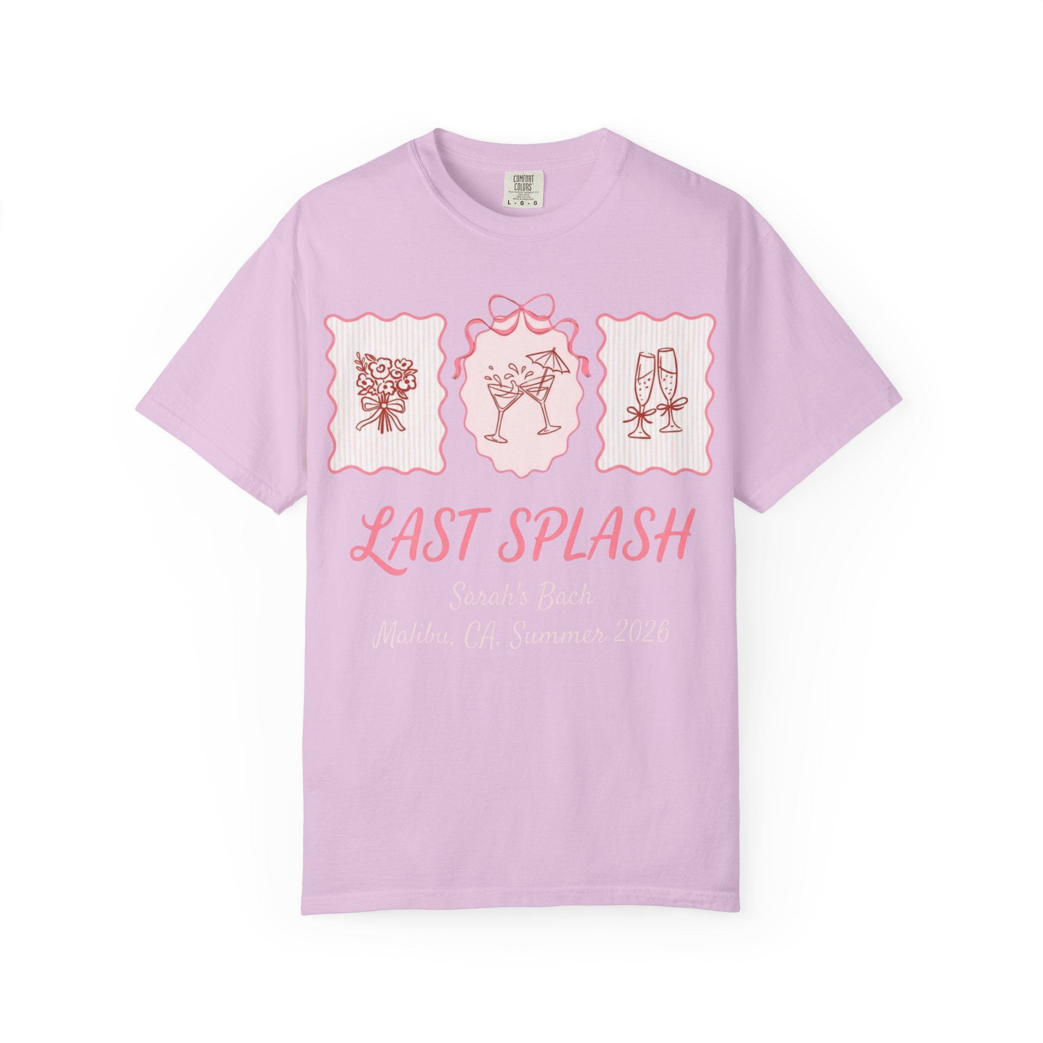 Light pink t-shirt with "Last Splash" text and cocktail graphics.
