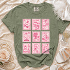 Green t-shirt with pink stamp designs of bridal items and sayings.