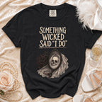 Black t-shirt with "Something Wicked Said 'I Do'" text and skull in bridal veil.