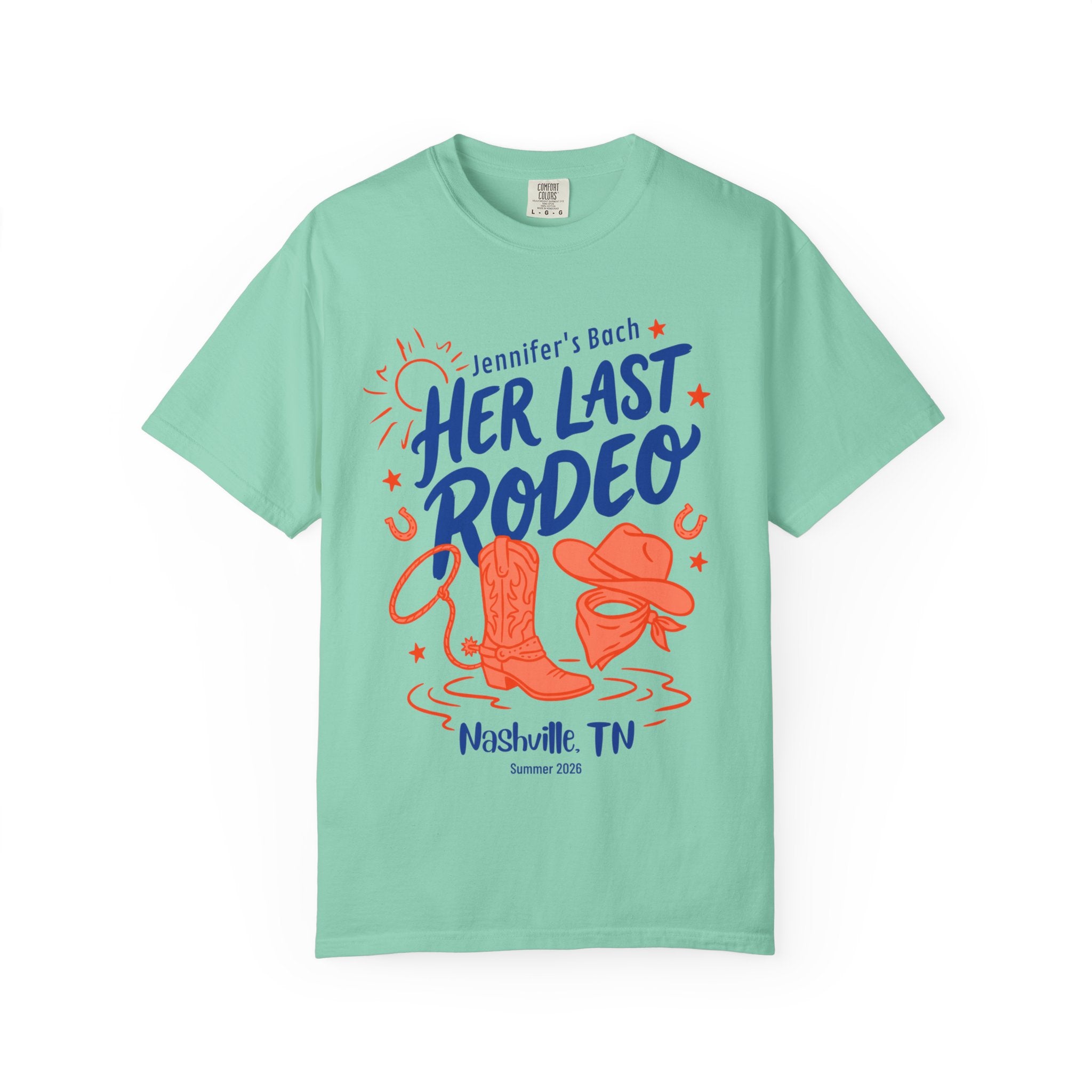 Jennifer's Bach "Her Last Rodeo" text with cowboy boots and hat graphics.