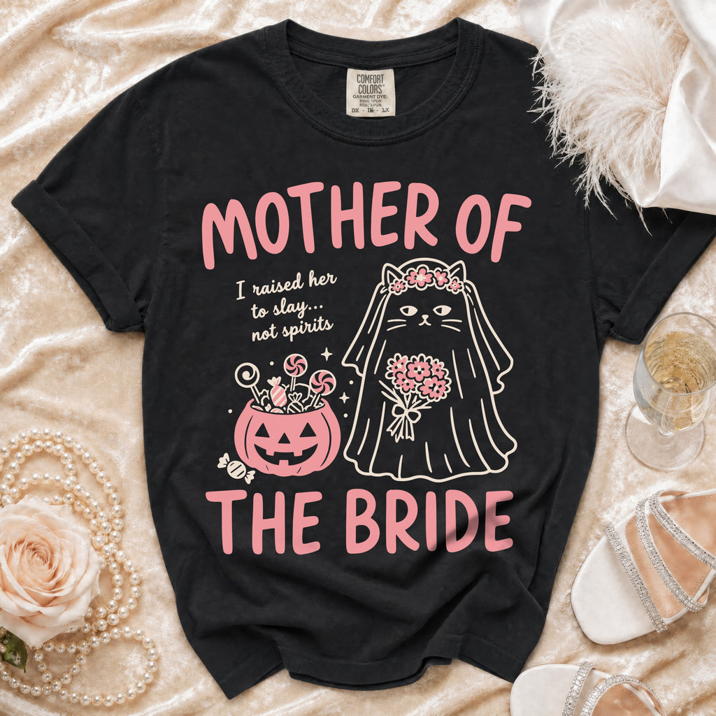 Black t-shirt with "Mother of the Bride" text and a cat bride illustration.