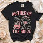 Black t-shirt with "Mother of the Bride" text and a cat bride illustration.
