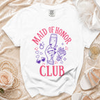 White t-shirt with "Maid of Honor Club" text and graphic of hand holding champagne.