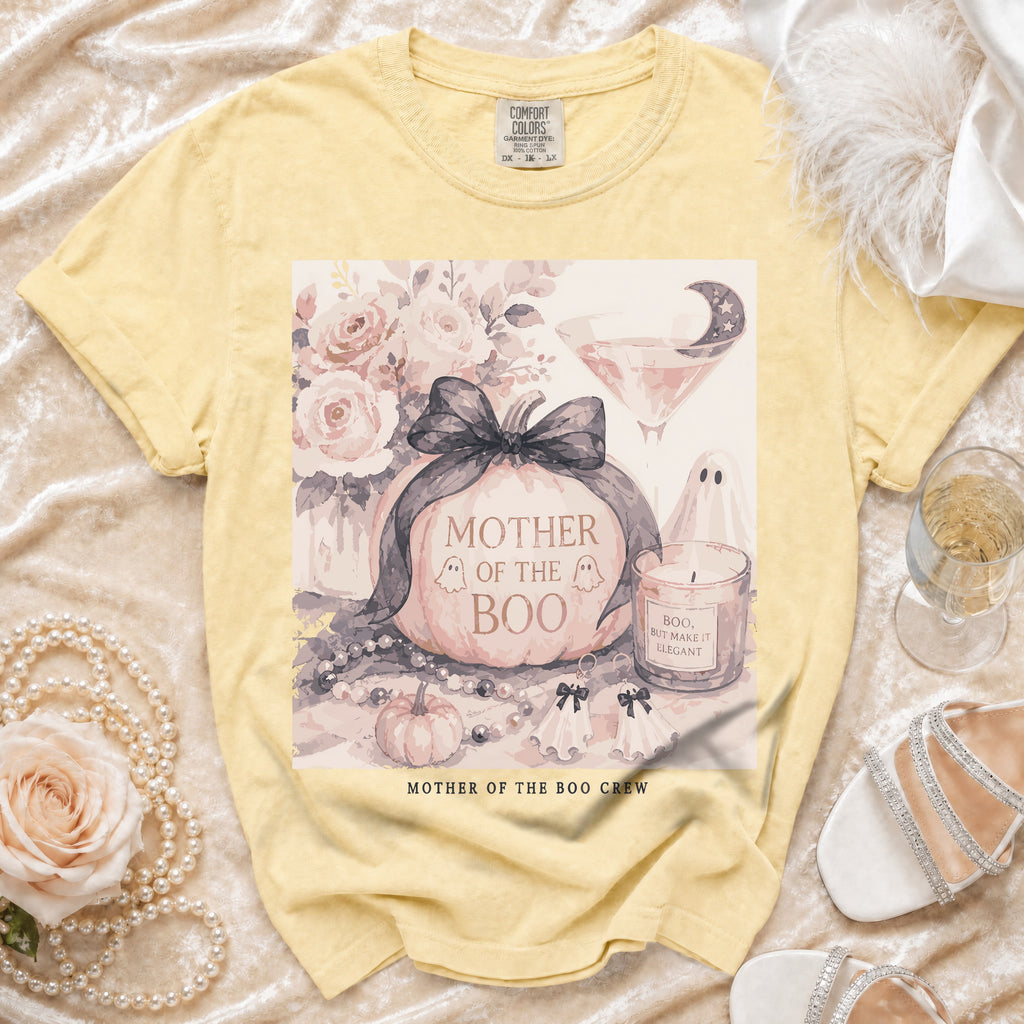 Yellow t-shirt with "Mother of the Boo Crew" Halloween graphic.