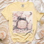 Yellow t-shirt with "Mother of the Boo Crew" Halloween graphic.