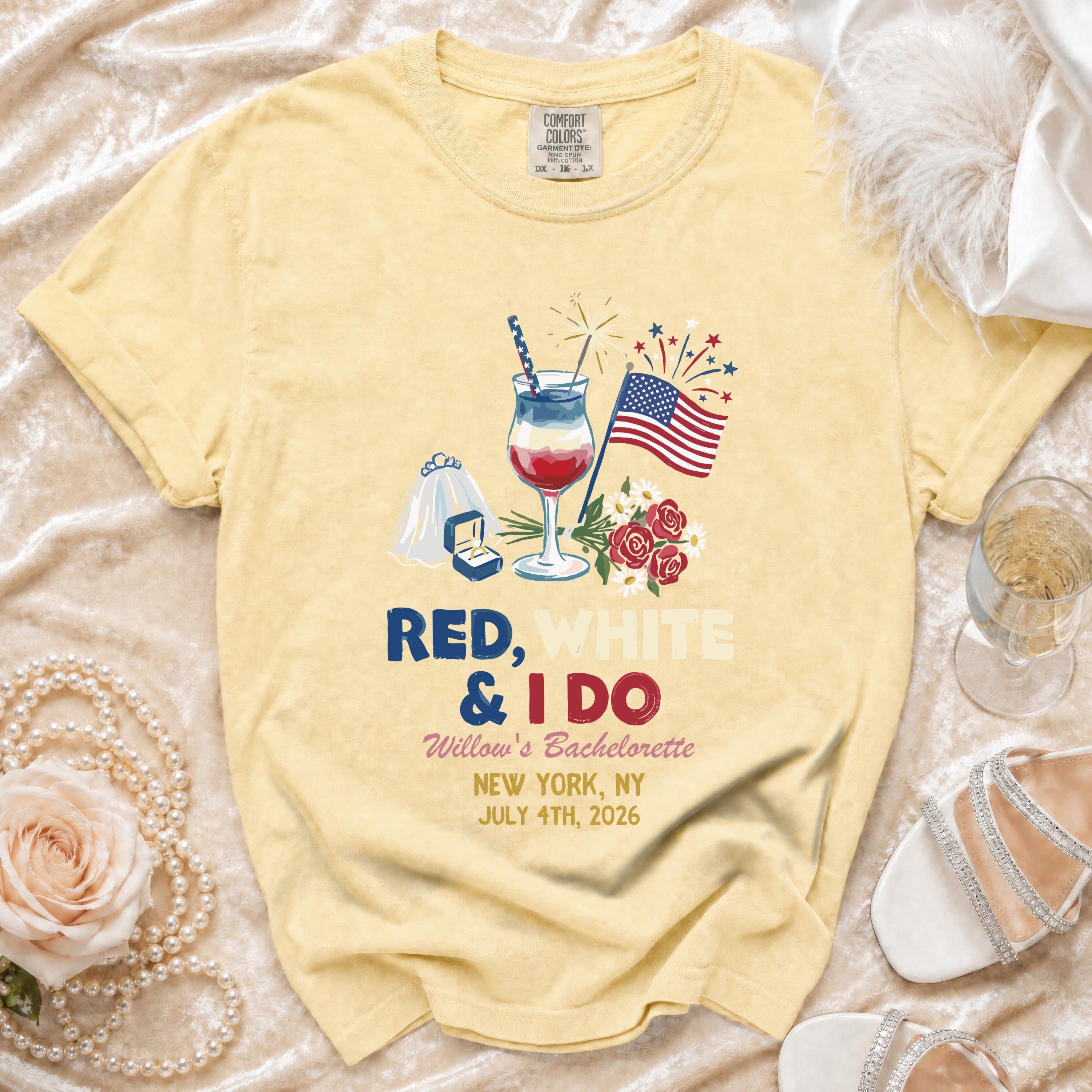 Yellow t-shirt graphic with "Red, White & I Do" bachelorette text and patriotic design.