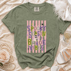 Green t-shirt with "Spooky Season Bride Vibes" text, ghost, and spider graphic.