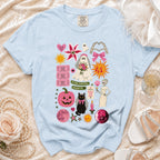 Light blue t-shirt with Halloween wedding graphics including a ghost bride and black cat.