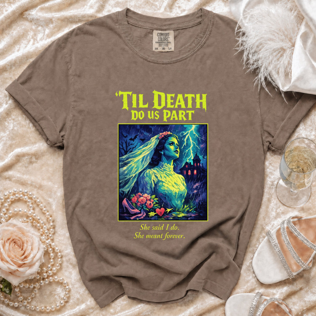 Brown t-shirt with gothic bride graphic and text "'Til Death Do Us Part."