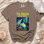 Brown t-shirt with gothic bride graphic and text "'Til Death Do Us Part."