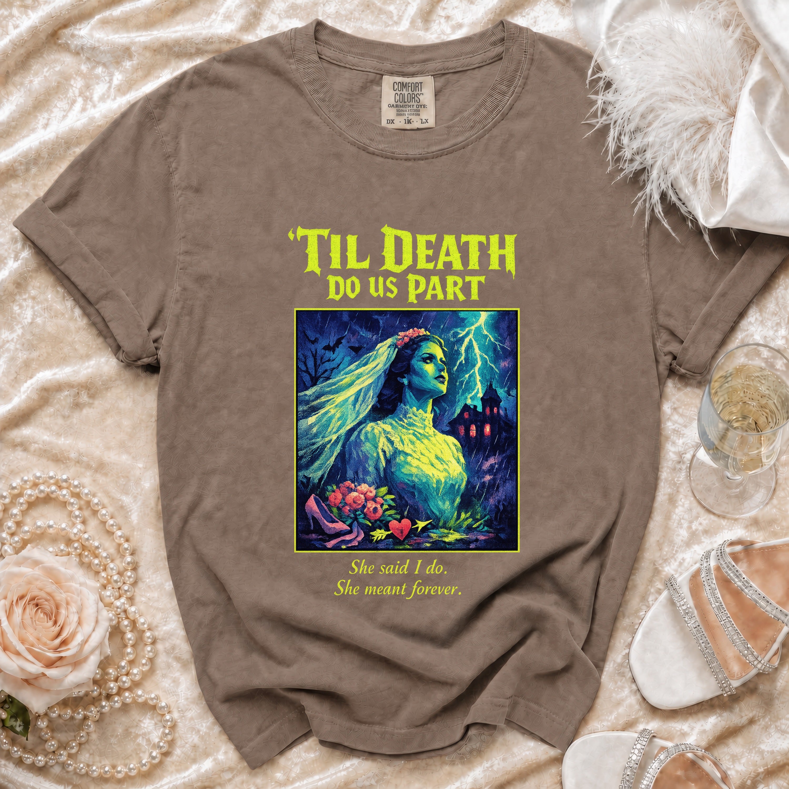 Brown t-shirt with gothic bride graphic and text "'Til Death Do Us Part."