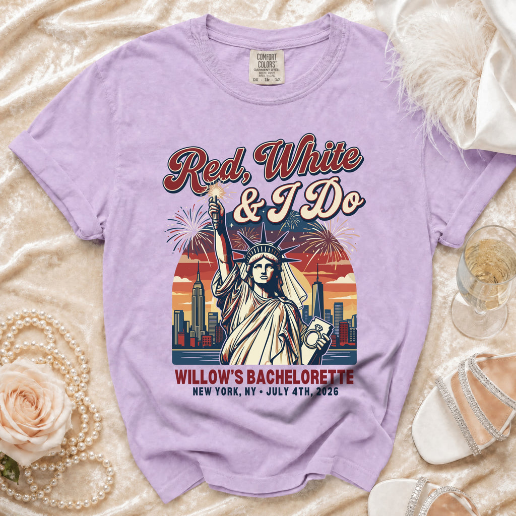 Red, White & I Do bachelorette t-shirt with Statue of Liberty and fireworks.
