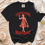 Black t-shirt with red graphic of a woman celebrating and text "I SURVIVED BEING MOTHER OF THE BRIDE".