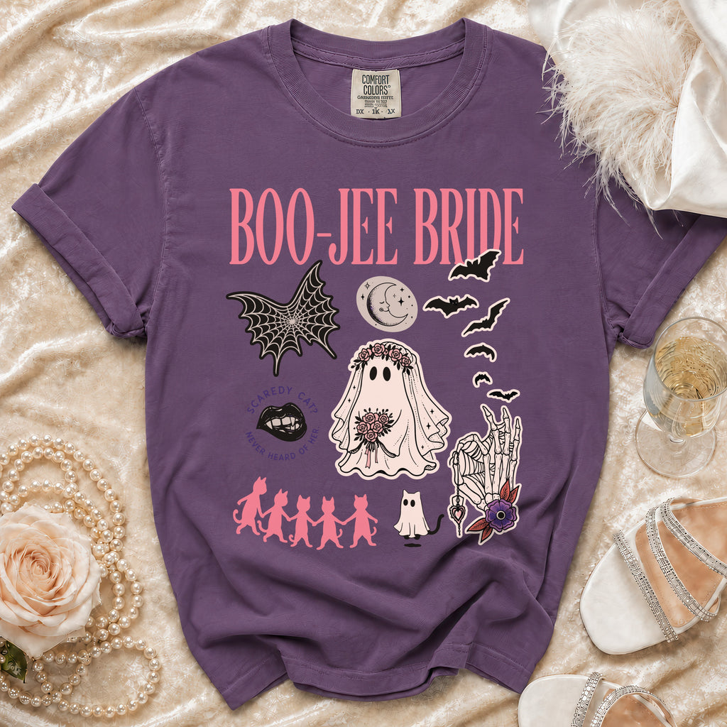 Purple t-shirt with "Boo-Jee Bride" text and Halloween-themed graphics.