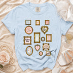 Light blue t-shirt with ornate frames featuring wedding motifs and "Future Mrs." text.