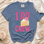 Blue t-shirt with "I DO Wedding Diet CREW Cake is My Cardio" text and cake graphic.