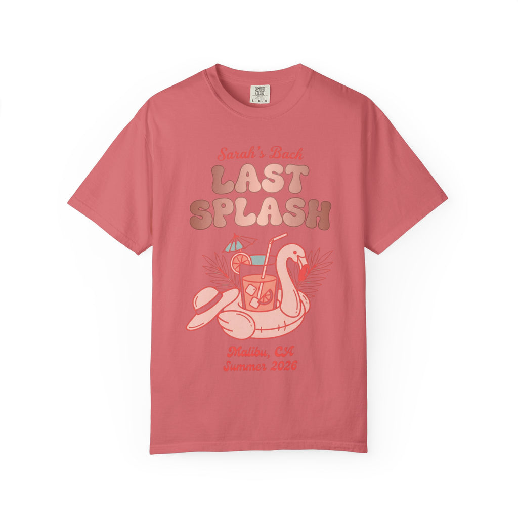 Coral t-shirt with "Sarah's Last Splash" text and flamingo drink float.