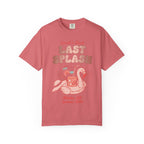 Coral t-shirt with "Sarah's Last Splash" text and flamingo drink float.