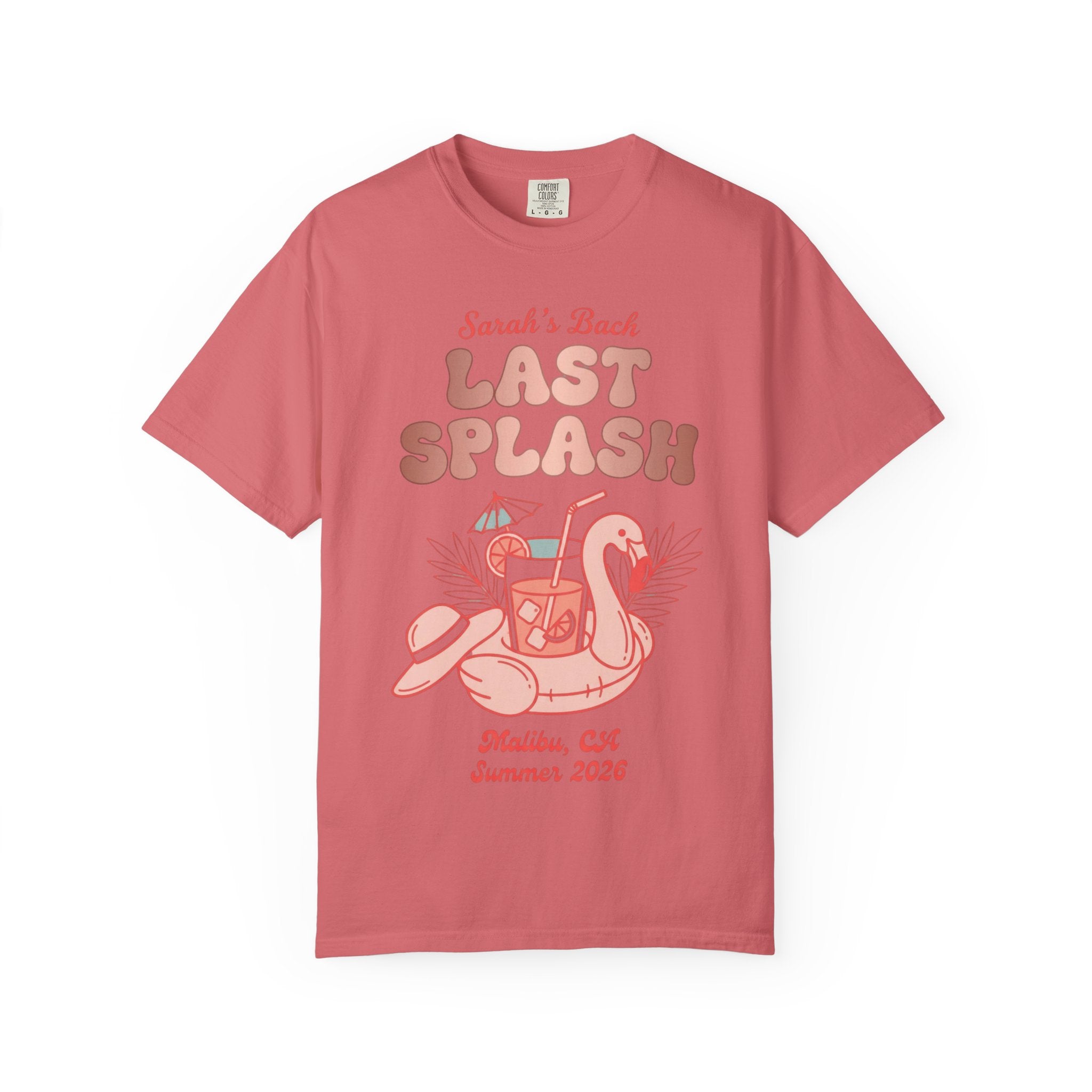 Coral t-shirt with "Sarah's Last Splash" text and flamingo drink float.
