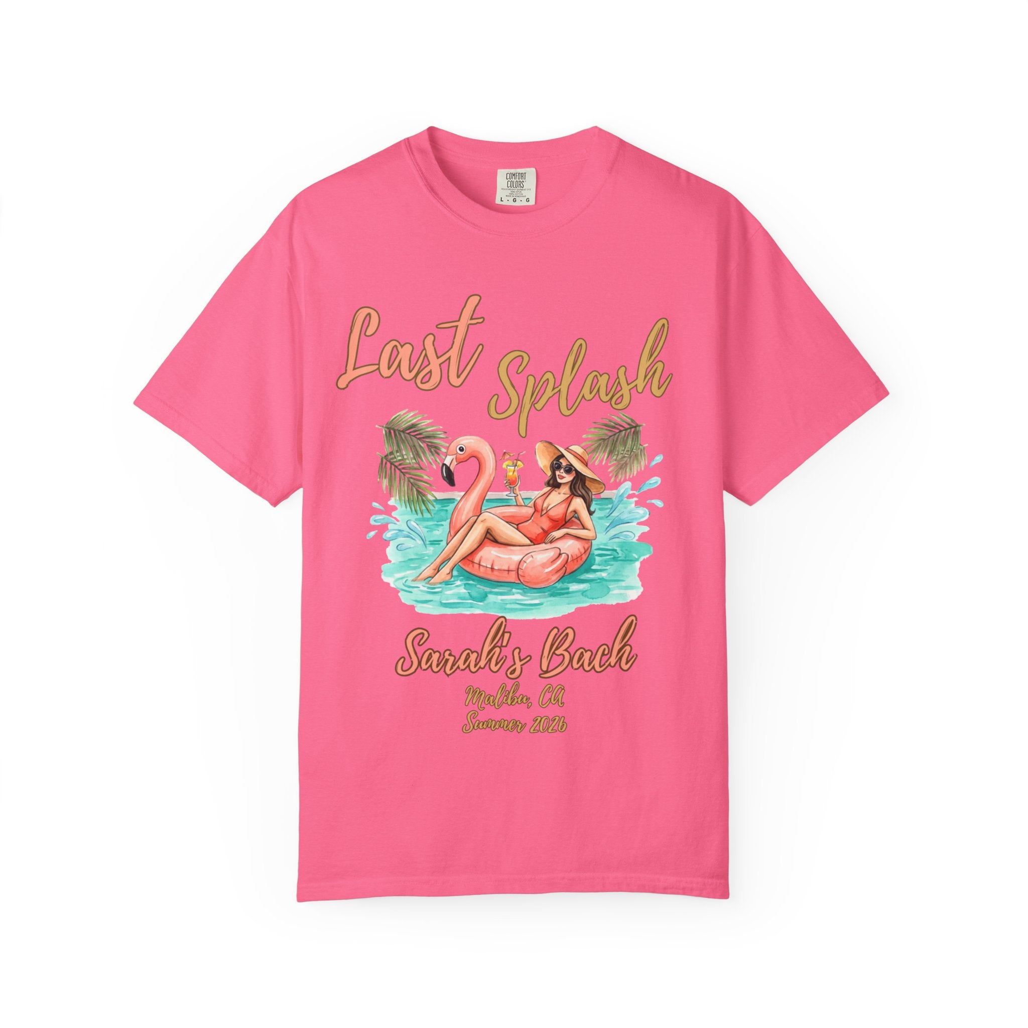 Pink t-shirt graphic with "Last Splash" text and flamingo float.