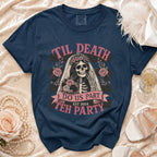 Navy t-shirt with a skull bride graphic that says "Til Death Do Us Part".