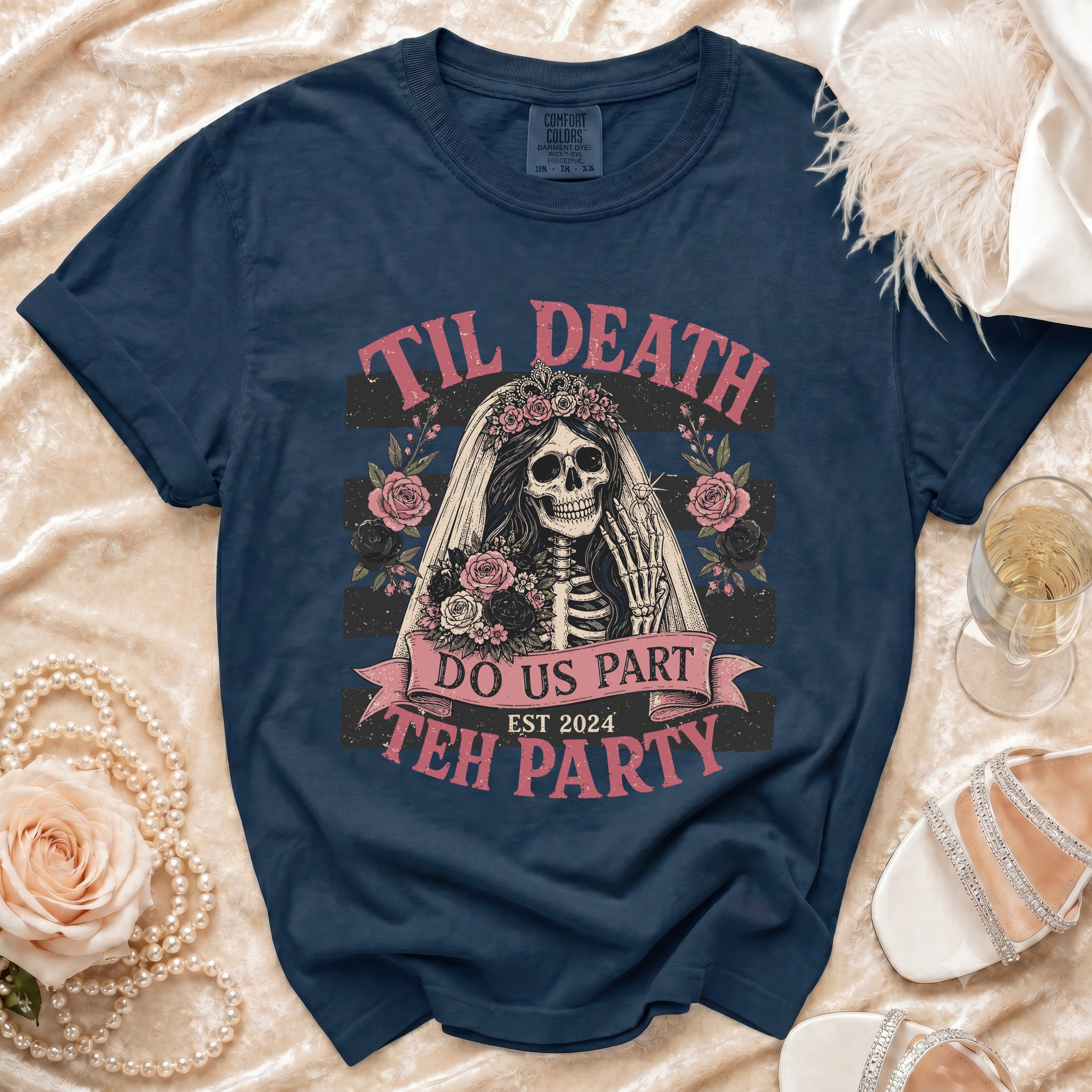 Navy t-shirt with a skull bride graphic that says "Til Death Do Us Part".