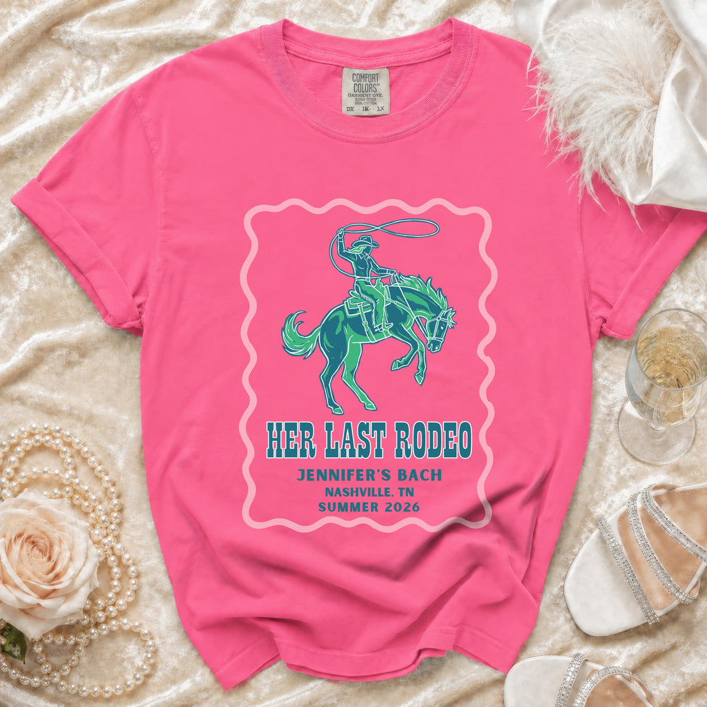 Pink t-shirt with "Her Last Rodeo" and bachelorette details.
